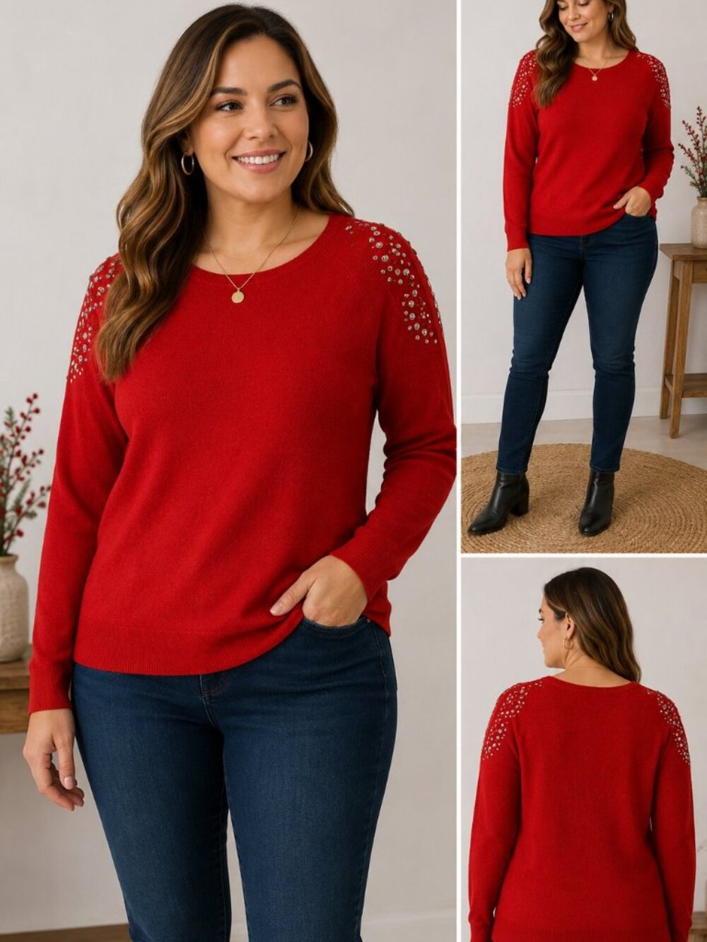 Geoffrey Beene Collection Red Sweater Studded Shoulder Knit Sma